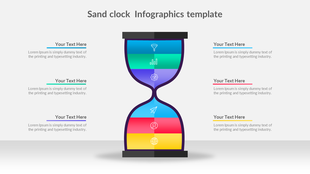 Infographic slide featuring a sand clock with six color coded segments, each accompanied by text placeholders.