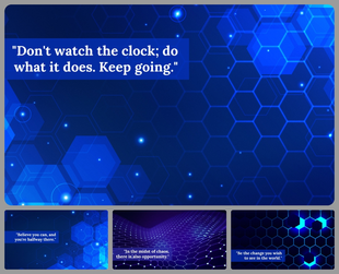 Polygonal background PowerPoint slides featuring colorful hexagonal patterns and an inspiring quote on perseverance.