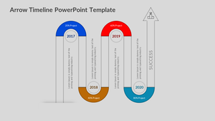 Arrow shaped timeline slide with colorful project milestones for 2017, 2018, 2019, and 2020, showing progress in percentages.