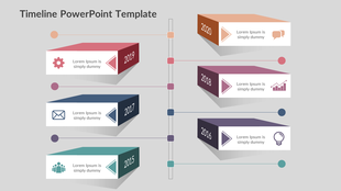 Timeline design with rectangular blocks in various colors, representing years from 2015 to 2020, with icons and descriptions.