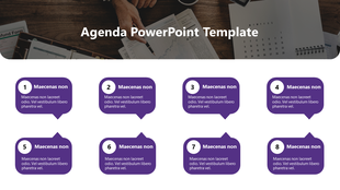 Agenda template with eight numbered agenda boxes in purple, each with a placeholder text areas.