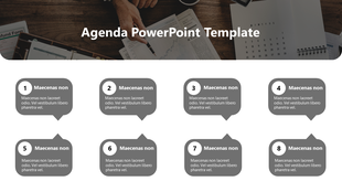Agenda layout with eight numbered points in gray blocks, placed below the photo of a workspace with documents.