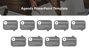 Agenda slide with nine gray bubbles containing placeholder text, arranged in two rows on a white and dark overlay background.