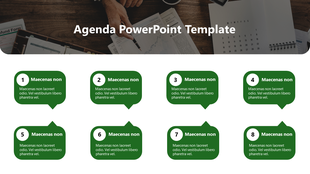 Green speech bubble agenda layout with nine items in two rows, set against a white and semi transparent dark background.