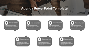 Agenda slide with seven gray speech bubbles containing placeholder text, arranged in two rows on a white and dark overlay. 