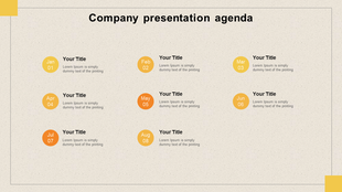 Company presentation agenda slide with monthly milestones displayed from january to august with placeholder text.