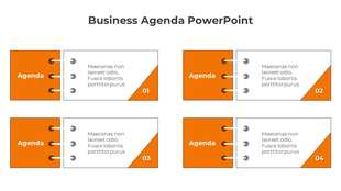 Business agenda PowerPoint template with numbered sections and orange accents on a white backdrop.