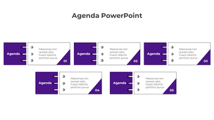 Agenda template with five style segments, each with a purple tab, white text area, binder rings, and diagonal section.