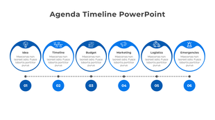 Blue themed timeline with six circular sections, each representing different stages, connected by a dotted line with numbers.