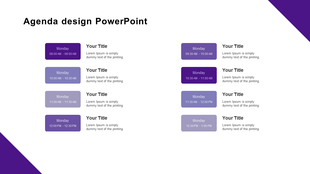 Agenda slide with two column layout, each listing five time slots in purple boxes, followed by placeholders for details.