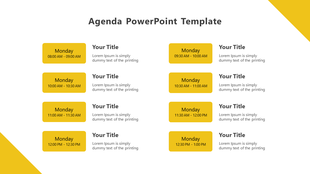 Weekly agenda template with time slots for scheduling tasks and events in a structured PowerPoint slide.