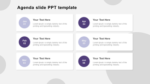Modern agenda PowerPoint template with colored circles for each month and text fields.