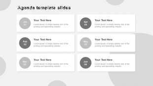 Minimalist agenda template with six date markers in circular shape, each followed by white text boxes for titles and details.