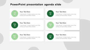 Agenda template with six green circular icons for dates, starting from January to June, each paired with a caption areas.