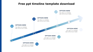Diagonal blue gradient arrow with circular markers and icons along the path, each connected to text area.