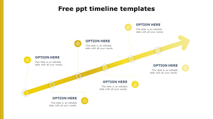 Timeline slide featuring six milestones, each with an icon and text, arranged on a yellow path with an arrow at the end.