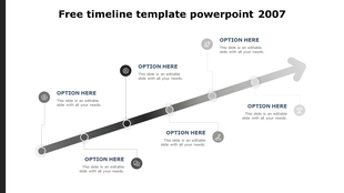 Diagonal timeline with five milestone circles on a gradient arrow, each linked to an icon and captions on a white background.