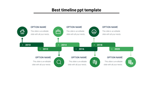 Modern timeline with green rectangular steps from 2010 to 2020, six circular icons with symbols, and text placeholders.