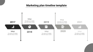Black and gray gradient timeline with arrow-shaped labels for 2017-2021, each linked to icons and caption areas.