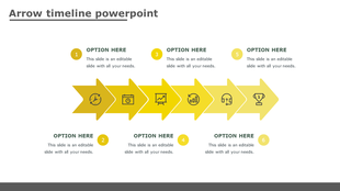 Horizontal arrow timeline with six yellow segments, each containing an icon, numbered markers, and corresponding text. 