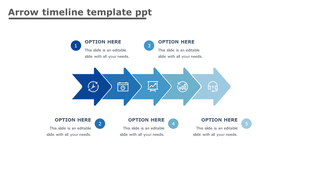 Horizontal arrow timeline with five blue segments, each containing an icon, numbered markers, and text placeholders. 