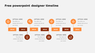 Orange timeline PowerPoint template from 2010 to 2022, featuring icons and text options on a white backdrop.