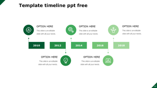 Minimalist timeline featuring rectangular year markers from 2010 to 2018, with circular icons and alternating captions.
