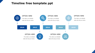Timeline with five blue shaded circles and year labels, surrounded by text placeholders on a white background.