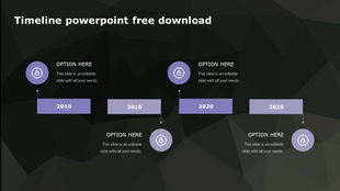 Minimalist purple timeline featuring rectangular block for 2010-2025, linked by lines to circular icons on a dark background.