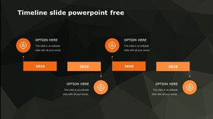 Timeline PPT template with four orange icons from 2010 to 2025 on a dark geometric background with placeholder text.