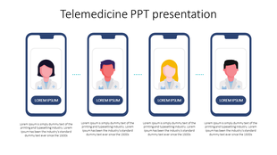 Four smartphone screens arranged horizontally, each displaying an illustrated medical professionals, with text below.
