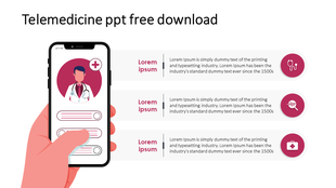 Telemedicine PowerPoint template featuring a mobile consultation interface with a doctor and healthcare icons.