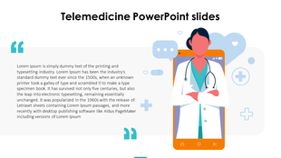 Telemedicine slide featuring a doctor emerging from a smartphone screen, with medical icons and a text section on the left.