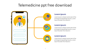 A telemedicine slide featuring a doctor’s image on a phone screen, connected by lines to three icons representing services.