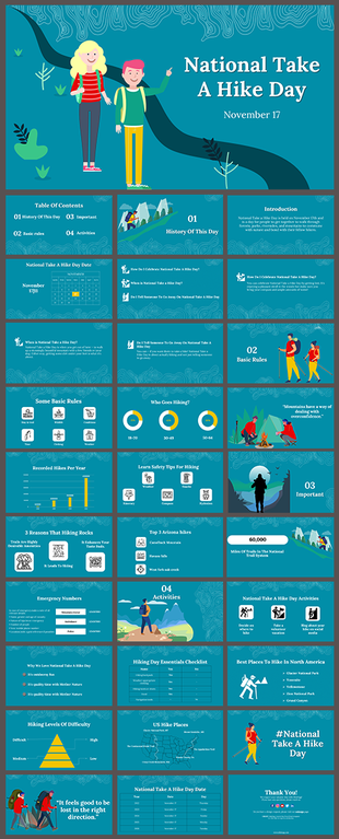 A National Take A Hike Day slides featuring history, activities, and hiking tips in different layout designs on a teal theme.