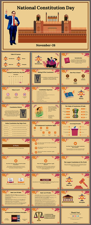 National constitution day slide deck with beige backgrounds, covering key facts, history, and governing principles of India.