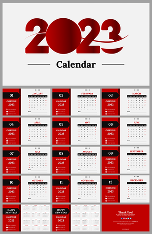 Yearly 2023 calendar slide deck with each month displayed in a bright red and white themed eye catching design.