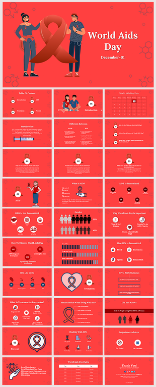 A slide deck for World AIDS Day, featuring slides on the difference between AIDS and HIV, statistics, and treatment.
