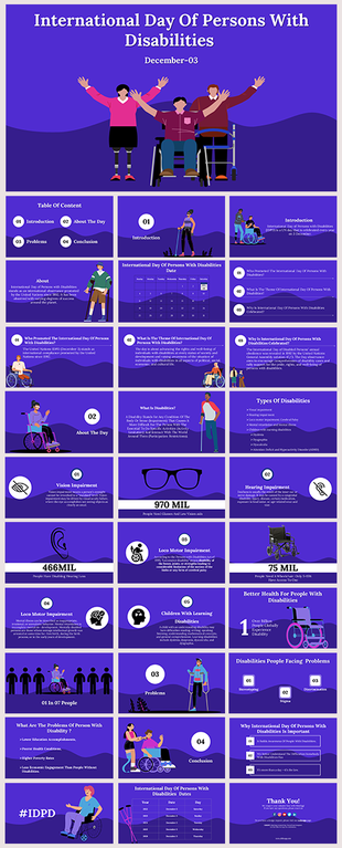 Purple themed slides highlighting disability awareness, challenges, and types, with vibrant visuals and detailed sections.