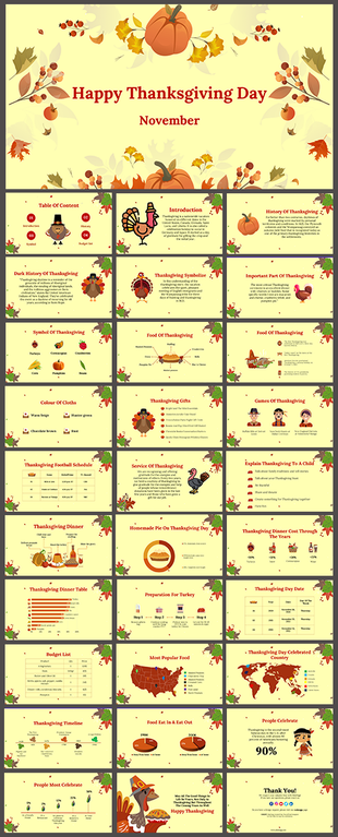 Thanksgiving day slides showing its history, symbols, foods, and traditions, highlighted by colorful autumn themed visuals.