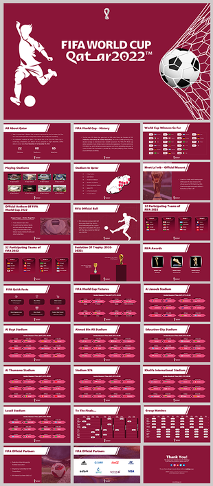 Pack of slides showing FIFA World Cup with soccer icons, stadium details, and participating teams on a maroon background.