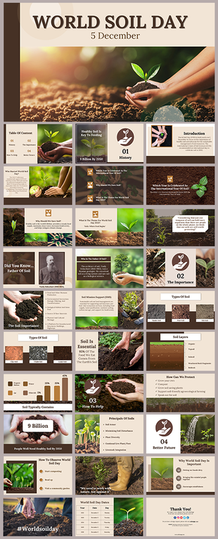 World soil day slide deck cover with soil imagery and slide previews featuring soil-related topics and information.