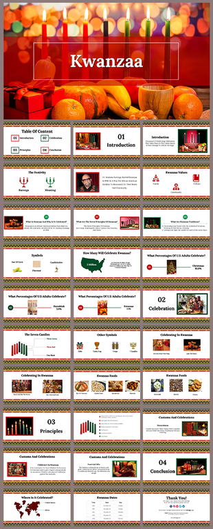 Kwanzaa themed slide deck with candles, symbols, and festive food images, with sections for celebration and principles.