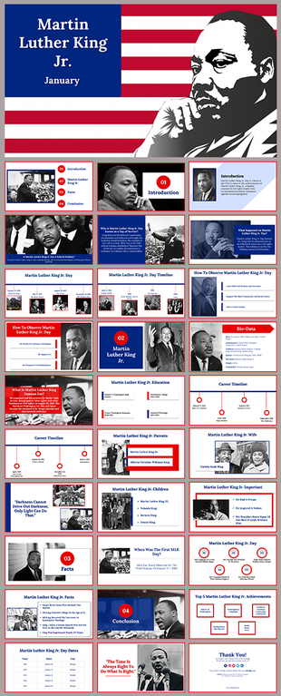 Patriotic themed slides showcasing Martin Luther King Jr.'s biography, achievements, and history, in red and blue theme.