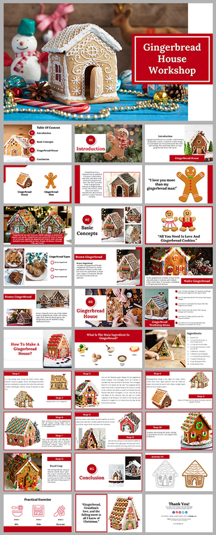 Slide deck showcasing gingerbread house images, concepts, types, recipes, and practical exercises, in red theme.