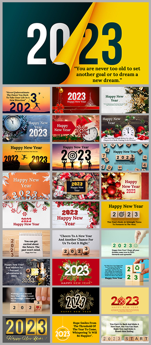 Slide deck celebrating the new year 2023, incorporating festive elements, color schemes, and celebratory illustrations.