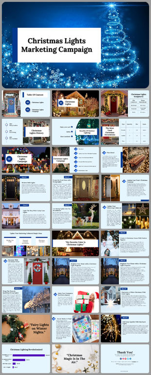 Slide deck showcasing a Christmas lights marketing campaign with a glowing tree cover image and various content sections.