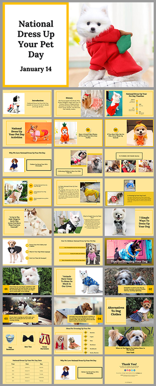 National dress up your pet day slides, featuring images of pets in outfits, fun facts, and dressing tips, on yellow backdrop.