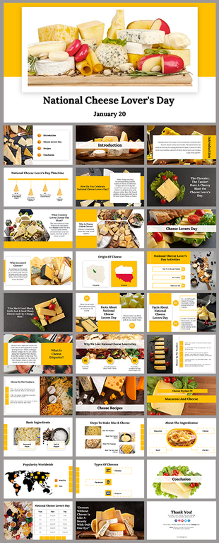 Slide deck focusing on cheese varieties and recipes, featuring yellow and white backgrounds, with fun facts and activities.