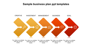 Business plan template featuring five red gradient shaded arrows pointing right, representing key concepts with icons.